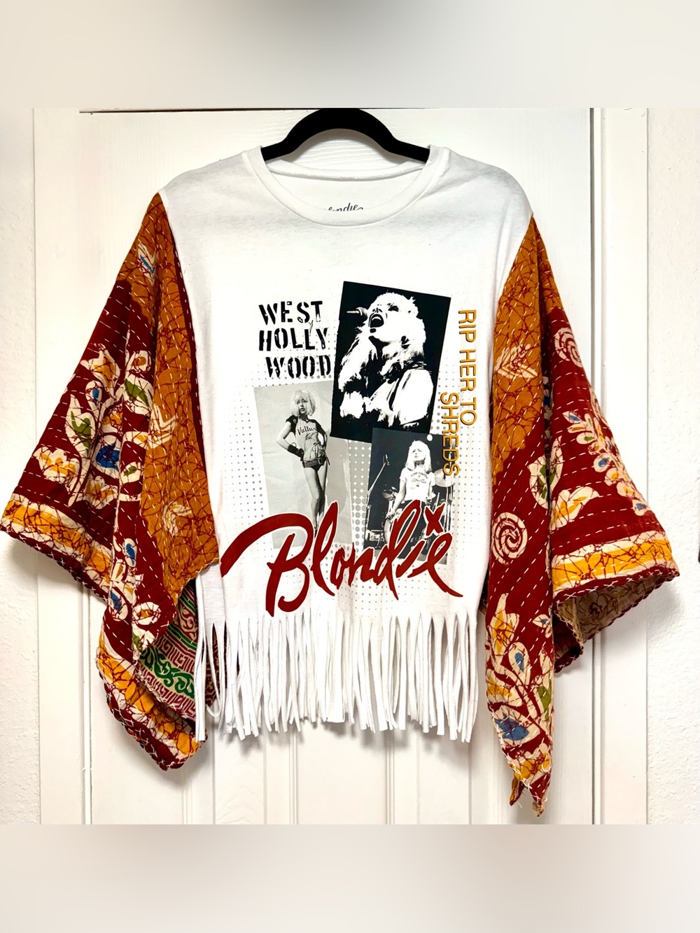 Blondie Graphic Fringe Tee with Patterned Kimono Sleeves